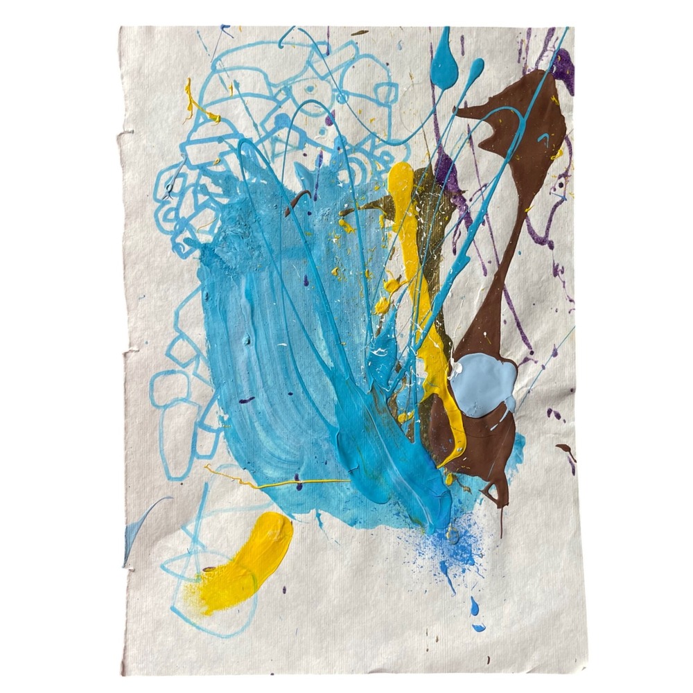 OMAN Original Abstract Mixed Media Painting Blue Yellow Brown 8x11.5 Modern Art